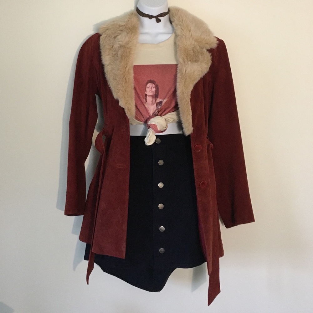 John Carlisle Red Suede Trench w/Fur Collar